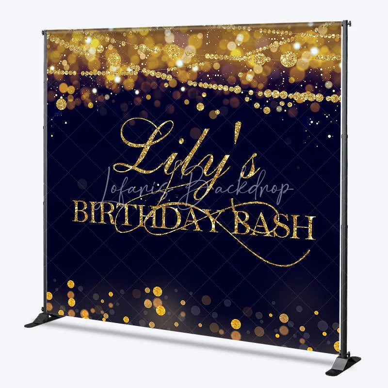 Lofaris Custom Gold Glitter Bokeh String Lights Birthday Backdrop Dark Blue Personalized Name Party Bash Decor