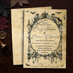 Lofaris Custom Gothic Set of 20 Halloween Wedding Invitation with Vintage Ornate Frame Personalized Spiderweb and Bat Design