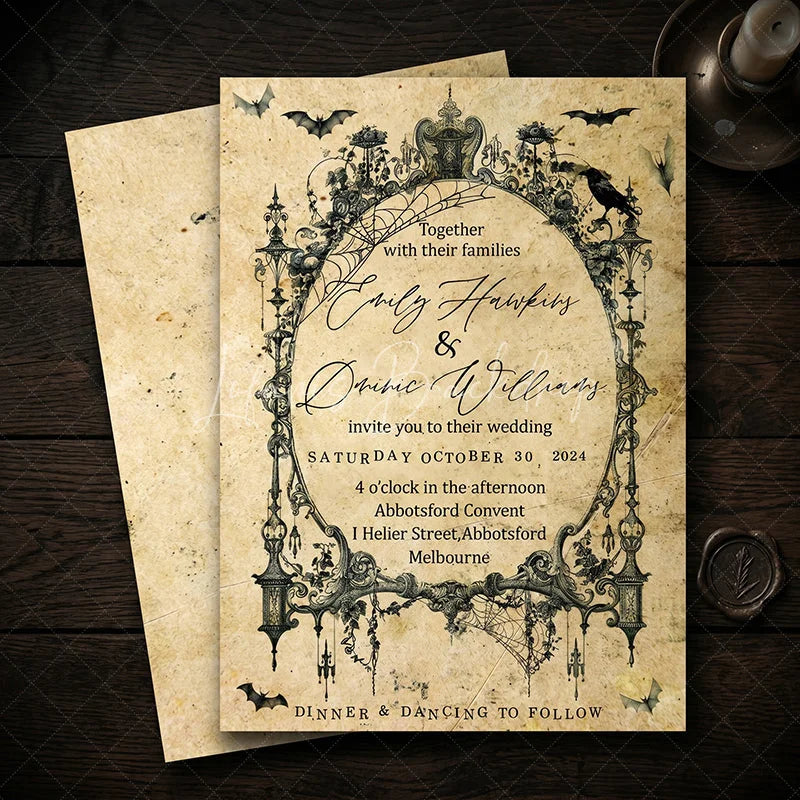 Lofaris Custom Gothic Set of 20 Halloween Wedding Invitation with Vintage Ornate Frame Personalized Spiderweb and Bat Design