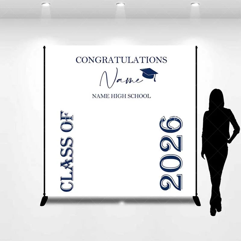 Lofaris Custom Graduation Backdrop Class of 2026 Navy Blue Text Minimalist School Sign