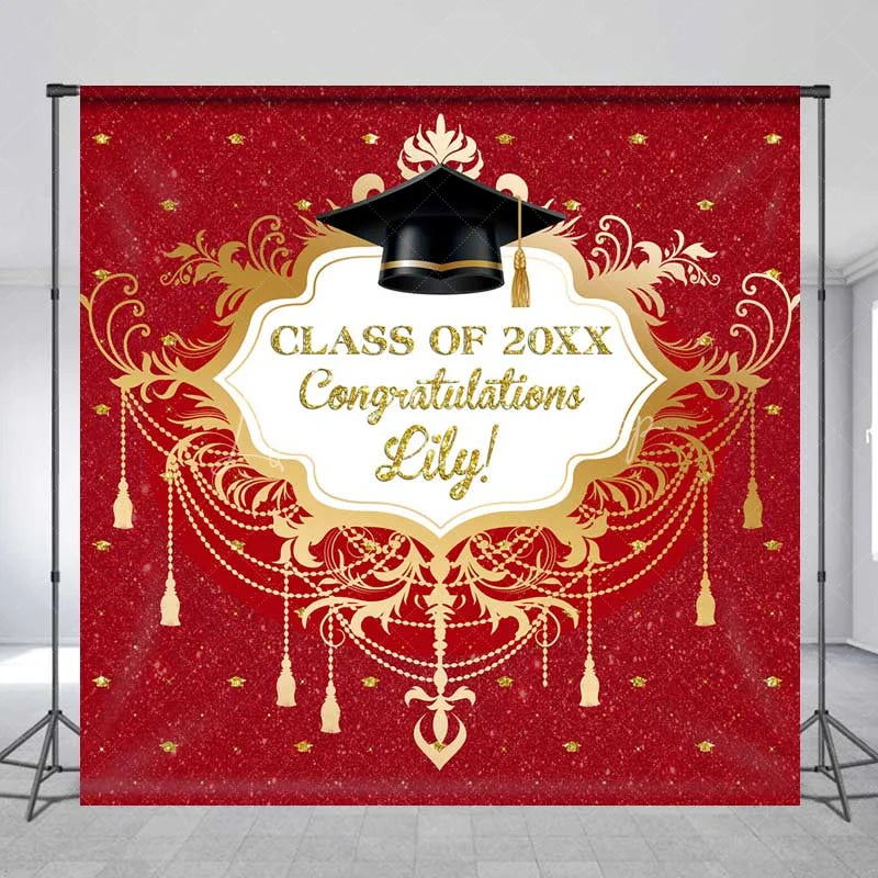 Lofaris Custom Graduation Backdrop Red Glitter Personalize Name Gold Frame Class of 20XX Background Prom Party Prop