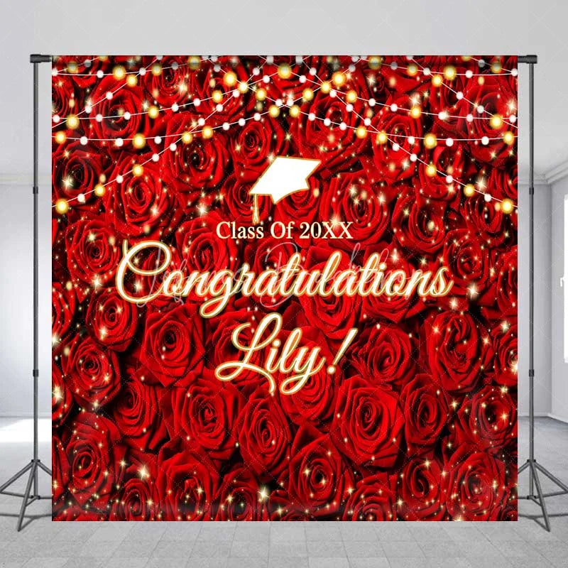 Lofaris Custom Graduation Backdrop Red Roses Personalize Name Floral Wall String Lights Background Prom Party Decoration