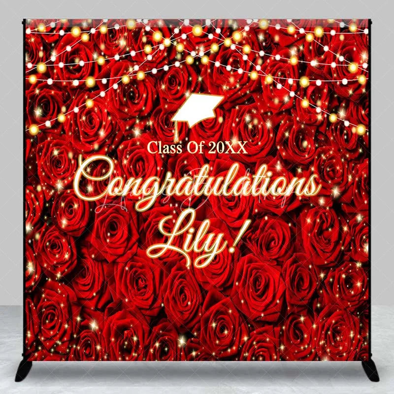 Lofaris Custom Graduation Backdrop Red Roses Personalize Name Floral Wall String Lights Background Prom Party Decoration