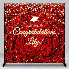 Lofaris Custom Graduation Backdrop Red Roses Personalize Name Floral Wall String Lights Background Prom Party Decoration