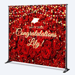 Lofaris Custom Graduation Backdrop Red Roses Personalize Name Floral Wall String Lights Background Prom Party Decoration