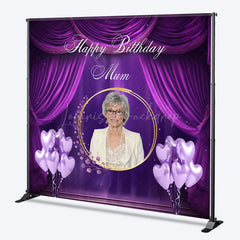 Lofaris Custom Happy Birthday Mum Photo Backdrop Elegant Purple Drapes and Balloons Personalized Gift for Mom Decor