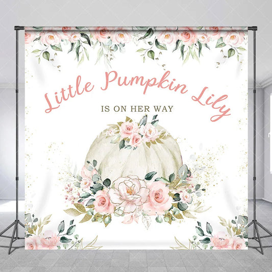 Lofaris Custom Little Pumpkin Baby Shower Backdrop Pink Floral Eucalyptus Gold Glitter Personalized Design