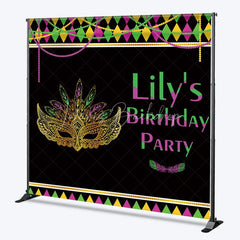 Lofaris Custom Mardi Gras Masquerade Mask Birthday Party Backdrop Personalized Green Purple and Gold Feather Design