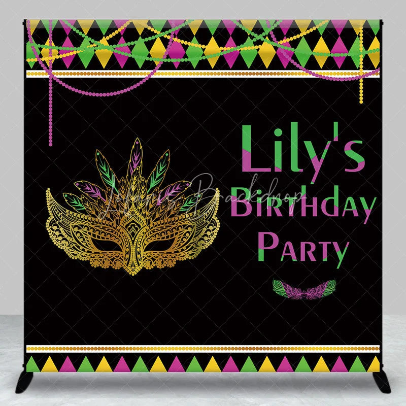Lofaris Custom Mardi Gras Masquerade Mask Birthday Party Backdrop Personalized Green Purple and Gold Feather Design