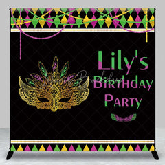 Lofaris Custom Mardi Gras Masquerade Mask Birthday Party Backdrop Personalized Green Purple and Gold Feather Design