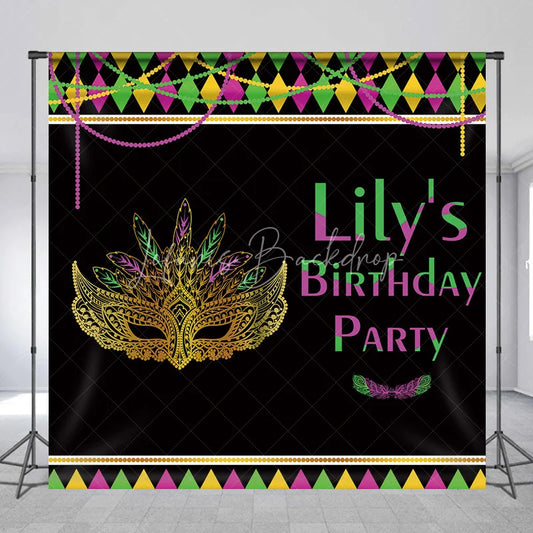 Lofaris Custom Mardi Gras Masquerade Mask Birthday Party Backdrop Personalized Green Purple and Gold Feather Design