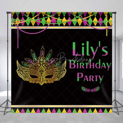 Lofaris Custom Mardi Gras Masquerade Mask Birthday Party Backdrop Personalized Green Purple and Gold Feather Design