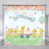 Lofaris Custom Name Happy Birthday Backdrop Cute Duck and Floral Garden Party Personalized Spring Themed Photo Prop