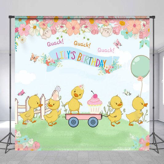 Lofaris Custom Name Happy Birthday Backdrop Cute Duck and Floral Garden Party Personalized Spring Themed Photo Prop