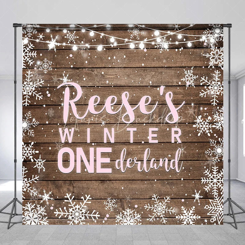 Lofaris Custom Name Winter ONE derland First Birthday Backdrop Rustic Wooden Snowflakes and String Lights Decor