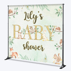 Lofaris Custom Name Woodland Animals Baby Shower Backdrop Green Leaves and Gold Glitter Decor