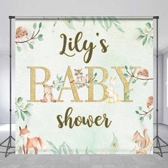 Lofaris Custom Name Woodland Animals Baby Shower Backdrop Green Leaves and Gold Glitter Decor