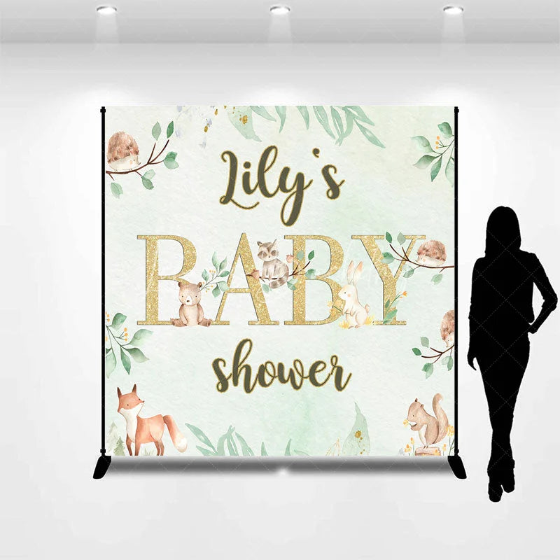 Lofaris Custom Name Woodland Animals Baby Shower Backdrop Green Leaves and Gold Glitter Decor