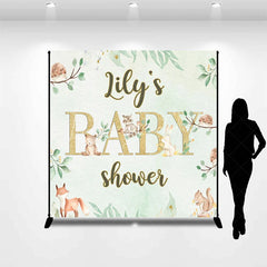 Lofaris Custom Name Woodland Animals Baby Shower Backdrop Green Leaves and Gold Glitter Decor