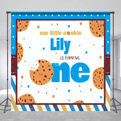 Lofaris Custom Our Little Cookie First Birthday Backdrop Personalized Blue and Brown Stripes Polka Dots Party Decor
