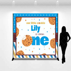 Lofaris Custom Our Little Cookie First Birthday Backdrop Personalized Blue and Brown Stripes Polka Dots Party Decor