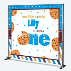 Lofaris Custom Our Little Cookie First Birthday Backdrop Personalized Blue and Brown Stripes Polka Dots Party Decor