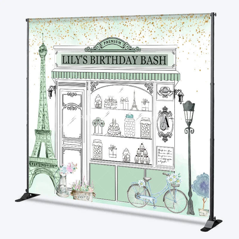 Lofaris Custom Parisian Storefront Birthday Backdrop Sweet Treats and Gold Glitter Party Decor