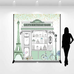 Lofaris Custom Parisian Storefront Birthday Backdrop Sweet Treats and Gold Glitter Party Decor