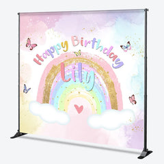 Lofaris Custom Pastel Rainbow Happy Birthday Backdrop with Gold Glitter Butterflies and Clouds for Kids Party