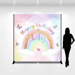 Lofaris Custom Pastel Rainbow Happy Birthday Backdrop with Gold Glitter Butterflies and Clouds for Kids Party