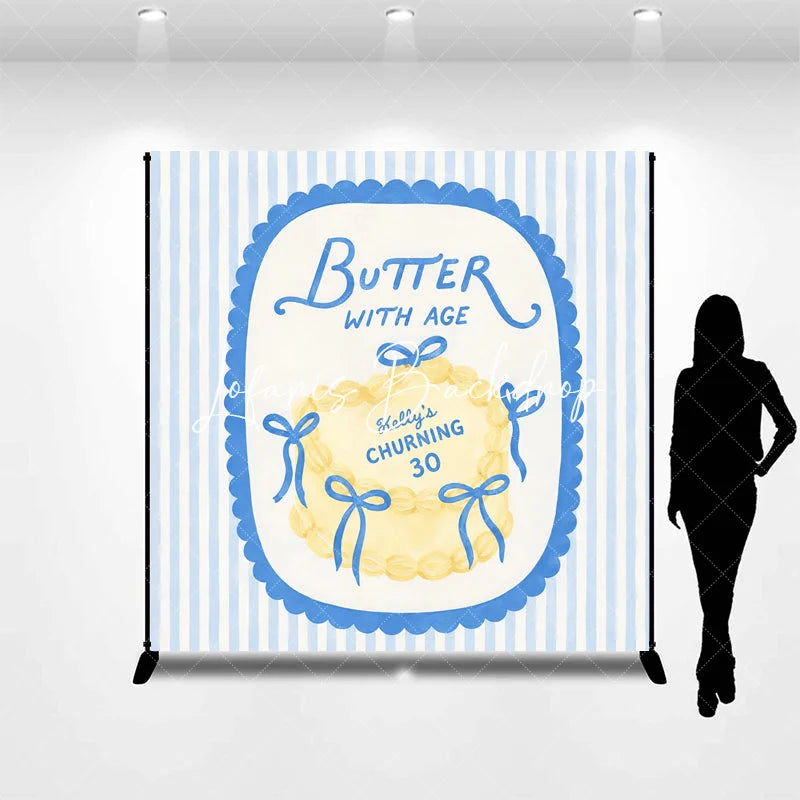 Lofaris Custom Personalized Blue and Yellow Striped Backdrop Elegant Butter with Age Cake Design for 30th Birthday Party.