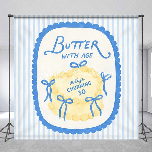 Lofaris Custom Personalized Blue and Yellow Striped Backdrop Elegant Butter with Age Cake Design for 30th Birthday Party.
