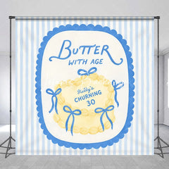 Lofaris Custom Personalized Blue and Yellow Striped Backdrop Elegant Butter with Age Cake Design for 30th Birthday Party.