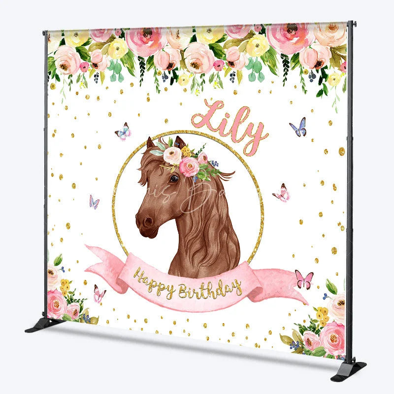 Lofaris Custom Personalized Horse Head Floral Wreath Happy Birthday Backdrop Pink Gold Glitter Decor
