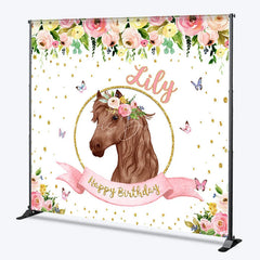 Lofaris Custom Personalized Horse Head Floral Wreath Happy Birthday Backdrop Pink Gold Glitter Decor