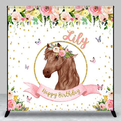 Lofaris Custom Personalized Horse Head Floral Wreath Happy Birthday Backdrop Pink Gold Glitter Decor