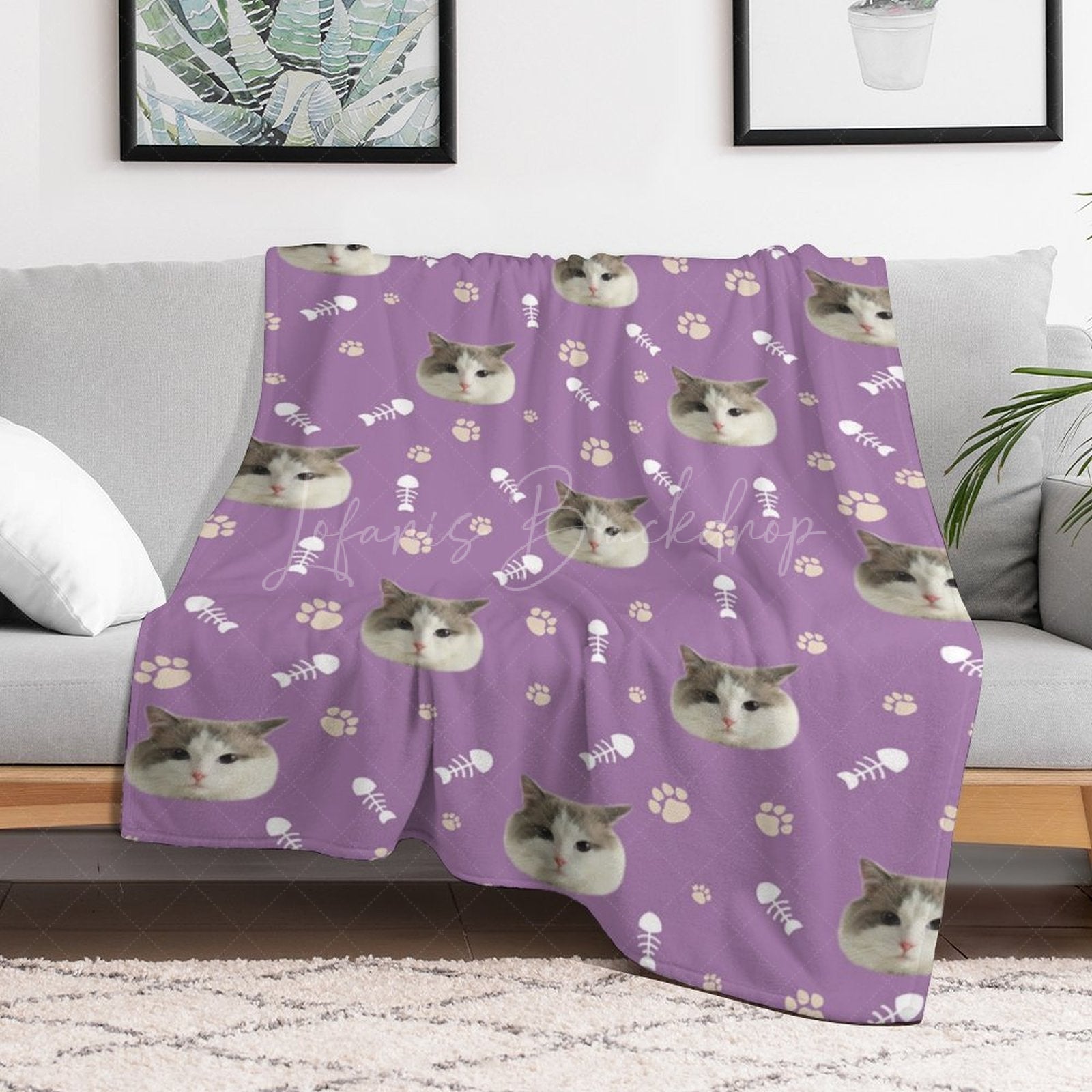 Lofaris Custom Pet Face Photo Paw Fish Print Purple Blanket