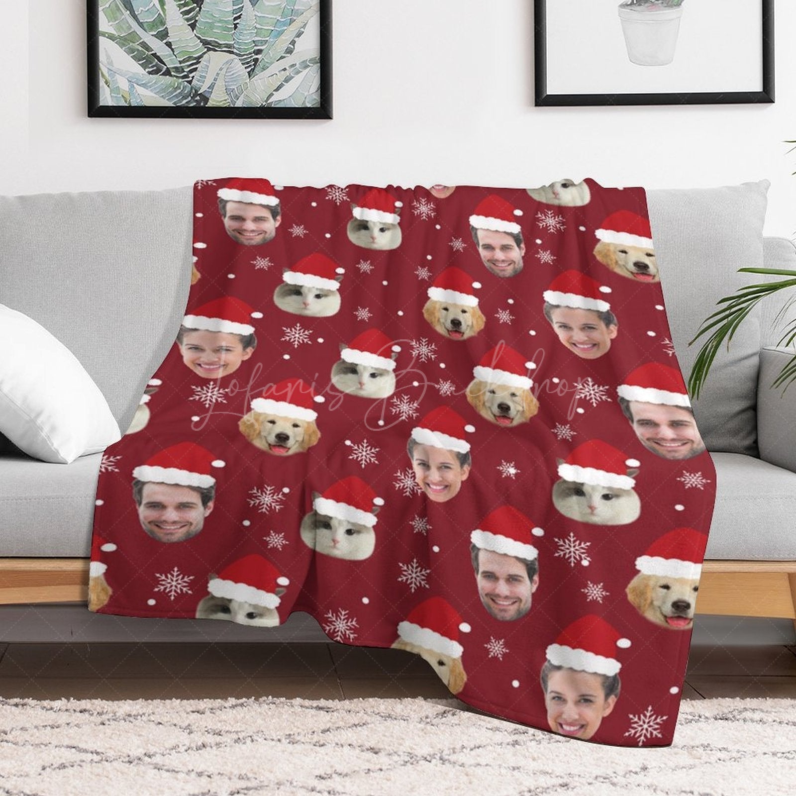 Lofaris Custom Pet Face Photo Snowflake Red Christmas Blanket