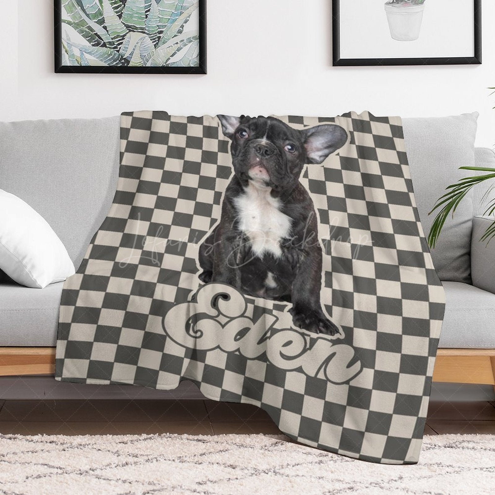 Lofaris Custom Pet Photo Name Grey And White Plaid Blanket