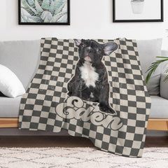 Lofaris Custom Pet Photo Name Grey And White Plaid Blanket