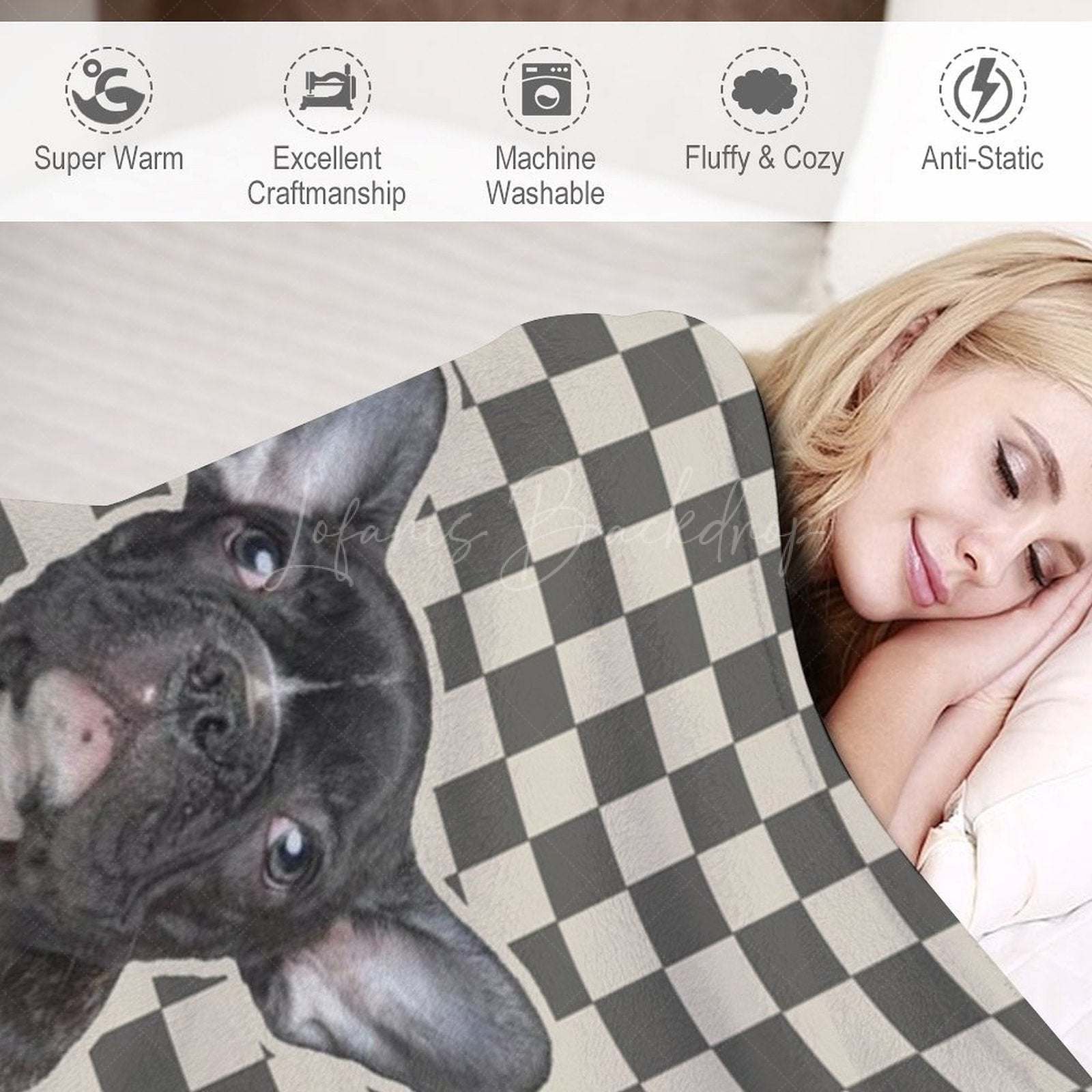 Lofaris Custom Pet Photo Name Grey And White Plaid Blanket