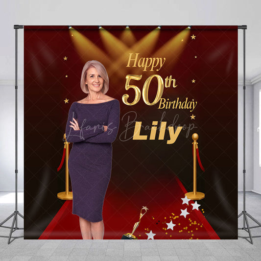 Lofaris Custom Photo 50th Birthday Backdrop for Her Personalized Red Carpet Hollywood Add Your Face Glam Party Decor
