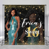 Lofaris Custom Photo Name Glitter Sweet 16 Birthday Backdrop