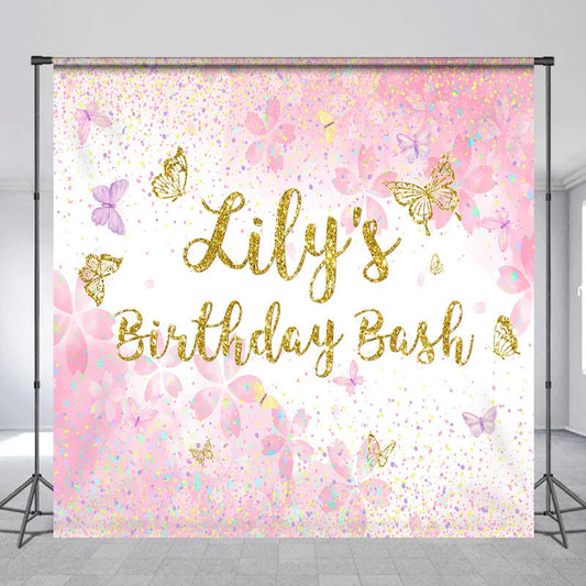 Lofaris Custom Pink and Gold Glitter Butterfly Birthday Backdrop Personalized Name Party Celebration Decor