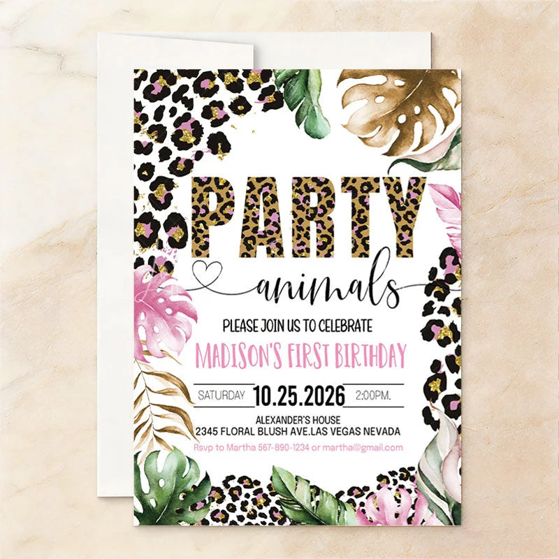 Lofaris Custom Pink and Gold Glitter Set of 20 Leopard Print Invitation Tropical Party Animals First Birthday Design
