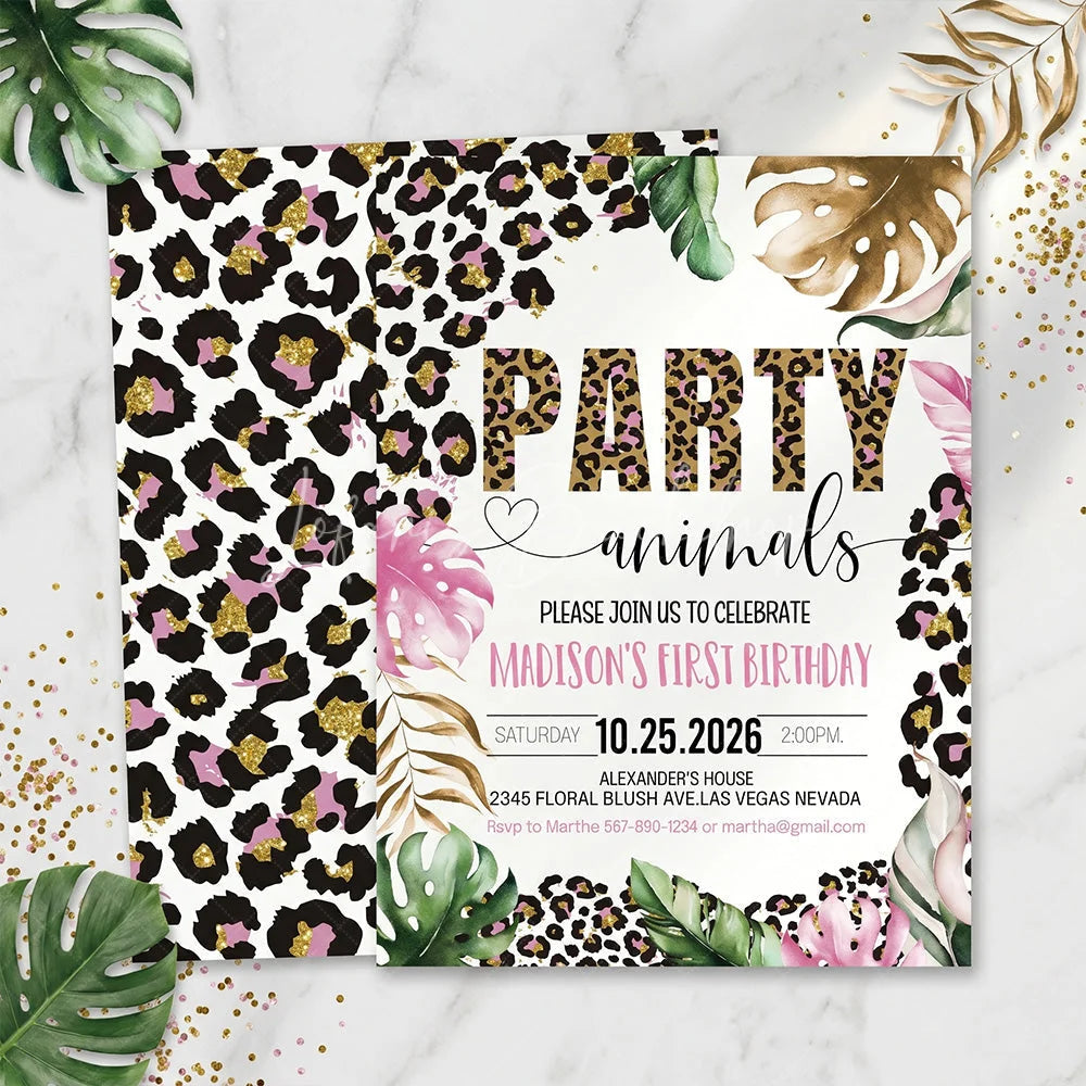 Lofaris Custom Pink and Gold Glitter Set of 20 Leopard Print Invitation Tropical Party Animals First Birthday Design