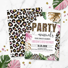 Lofaris Custom Pink and Gold Glitter Set of 20 Leopard Print Invitation Tropical Party Animals First Birthday Design