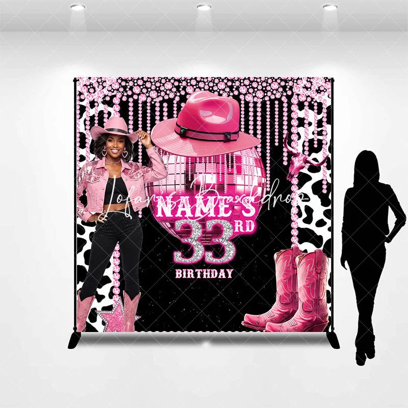 Lofaris Custom Pink Disco Cowgirl 33rd Birthday Backdrop with Glitter Ball and Cowboy Boots Glam Western Party Decor