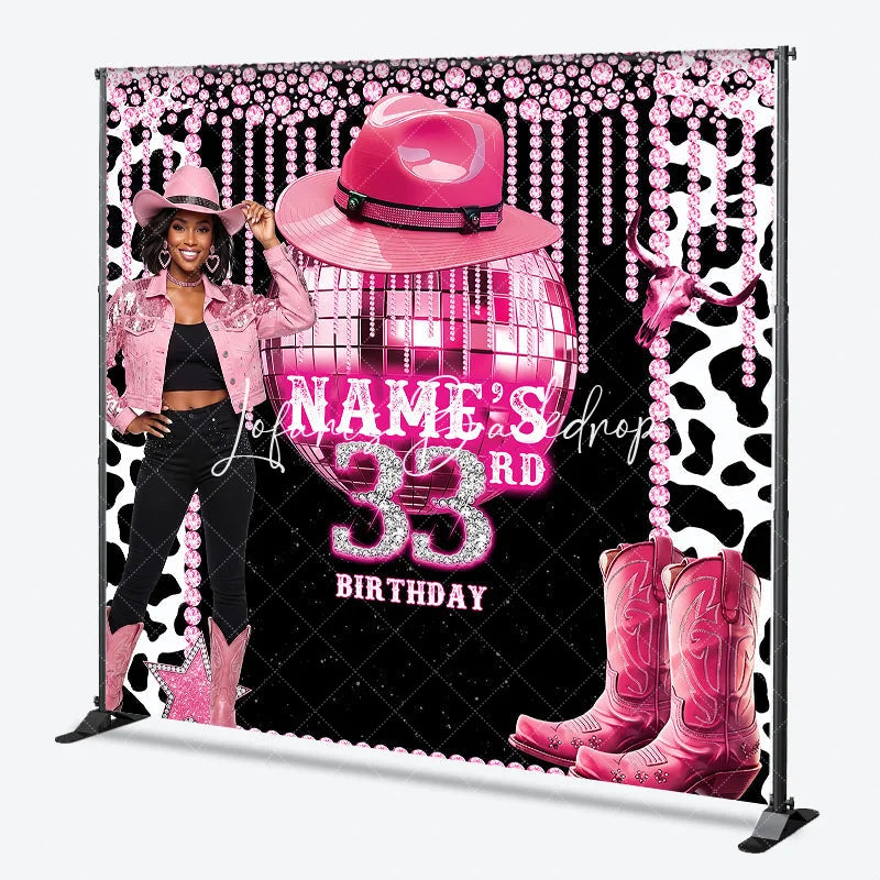 Lofaris Custom Pink Disco Cowgirl 33rd Birthday Backdrop with Glitter Ball and Cowboy Boots Glam Western Party Decor