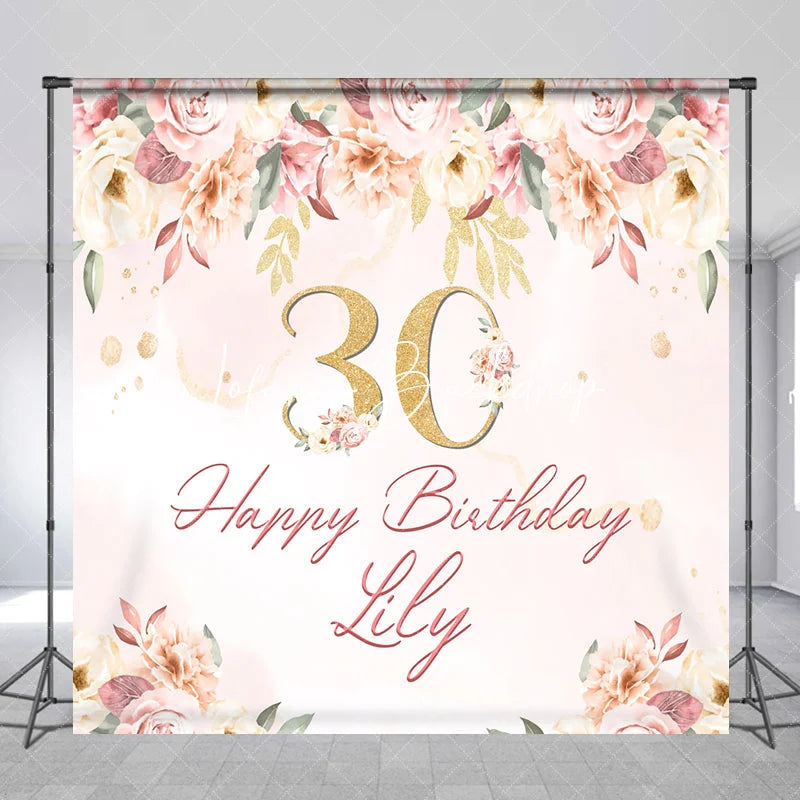 Lofaris Custom Pink Floral Golden Glitter 30th Birthday Backdrop Elegant Happy Party Decor